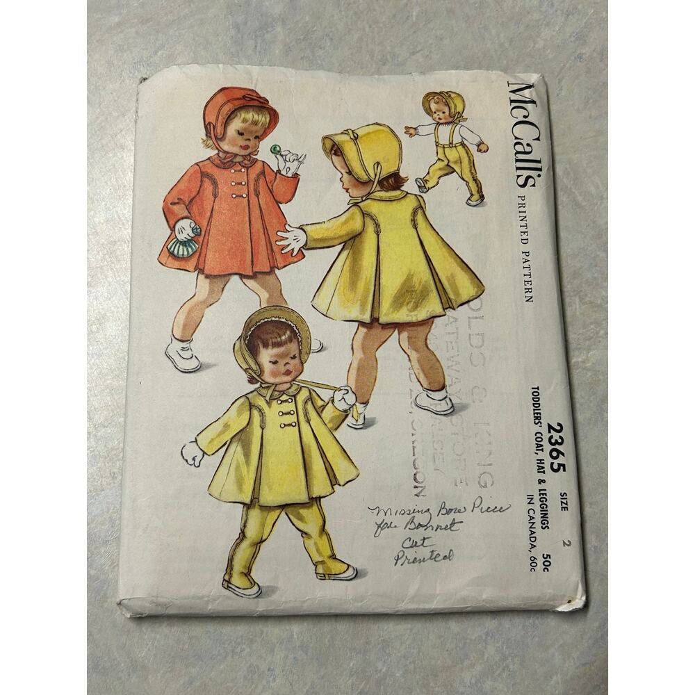 Vintage 1959 McCalls‎ Pattern #2365 Toddler Coat Hat Leggings Size 2